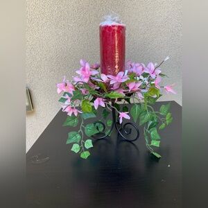 Pink Faux Floral Candle Wreath Centerpiece with Tan Candle